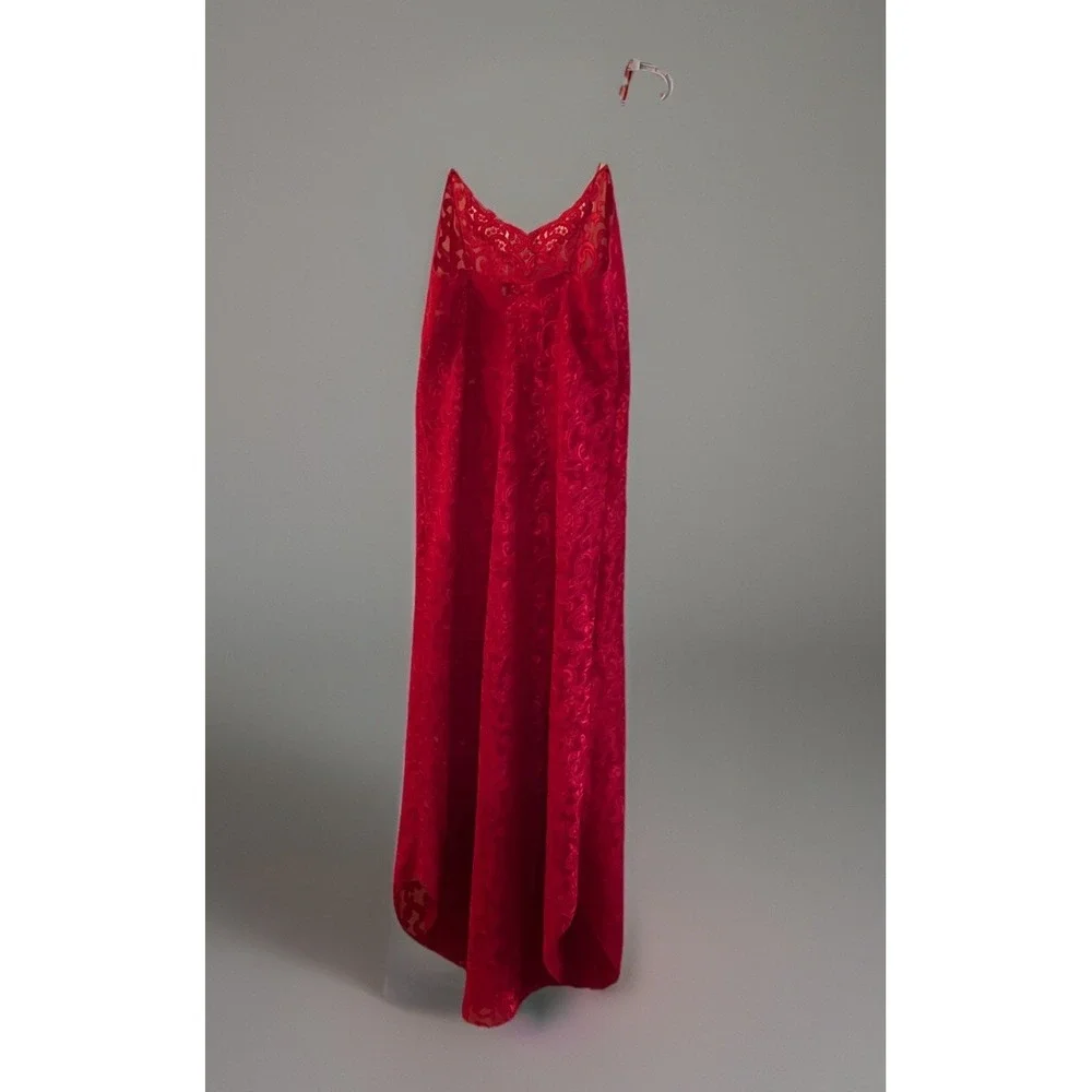 Lucie Ann Nightgown Red Brocade Small Slip Sheer Embroidered‎ Strappy Vintage